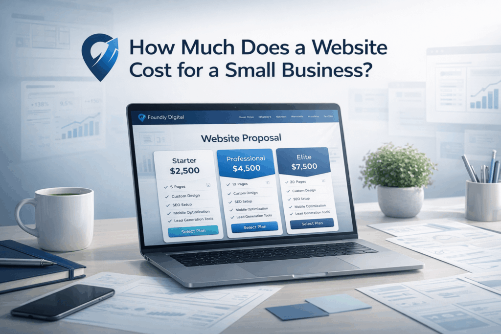 Website pricing proposal for a small business website showing page count, SEO setup, mobile optimization, and pricing tiers.